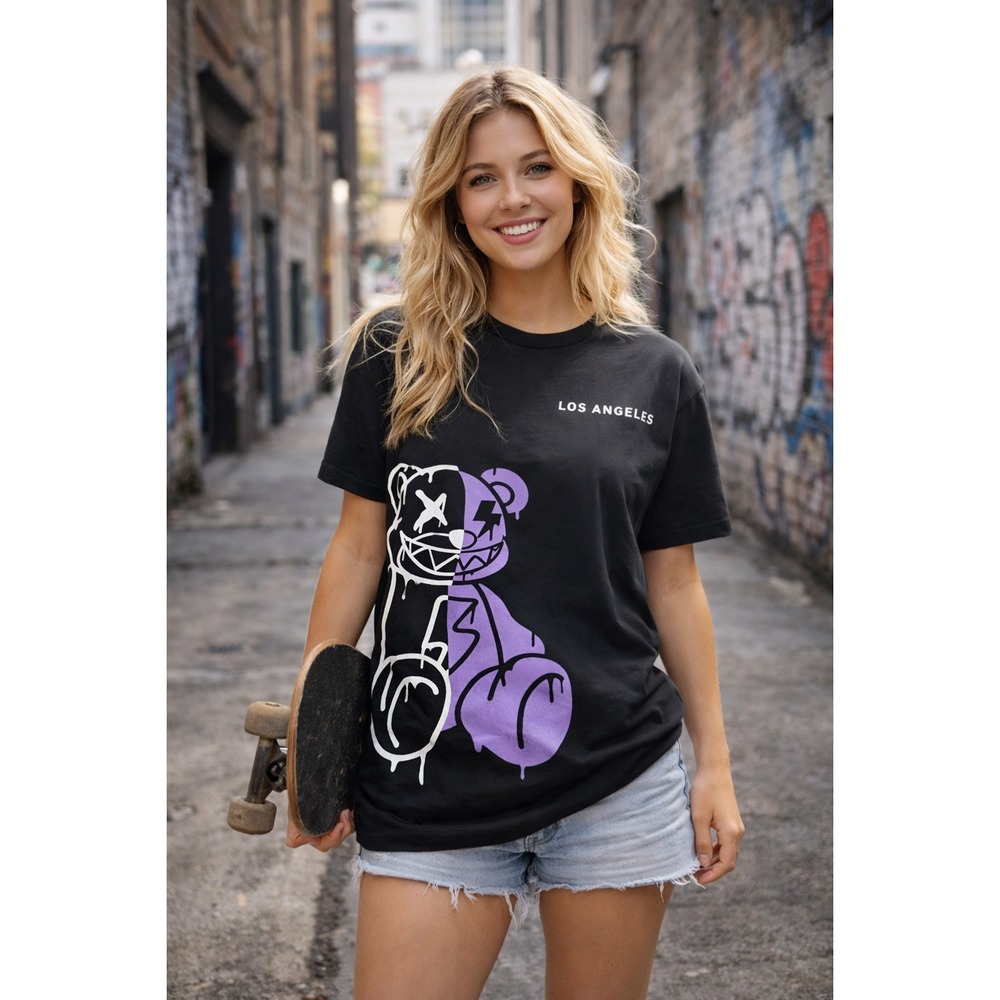 Los Angeles Graphic Tee L‎ Black Purple Graffiti Bear Streetwear Unisex